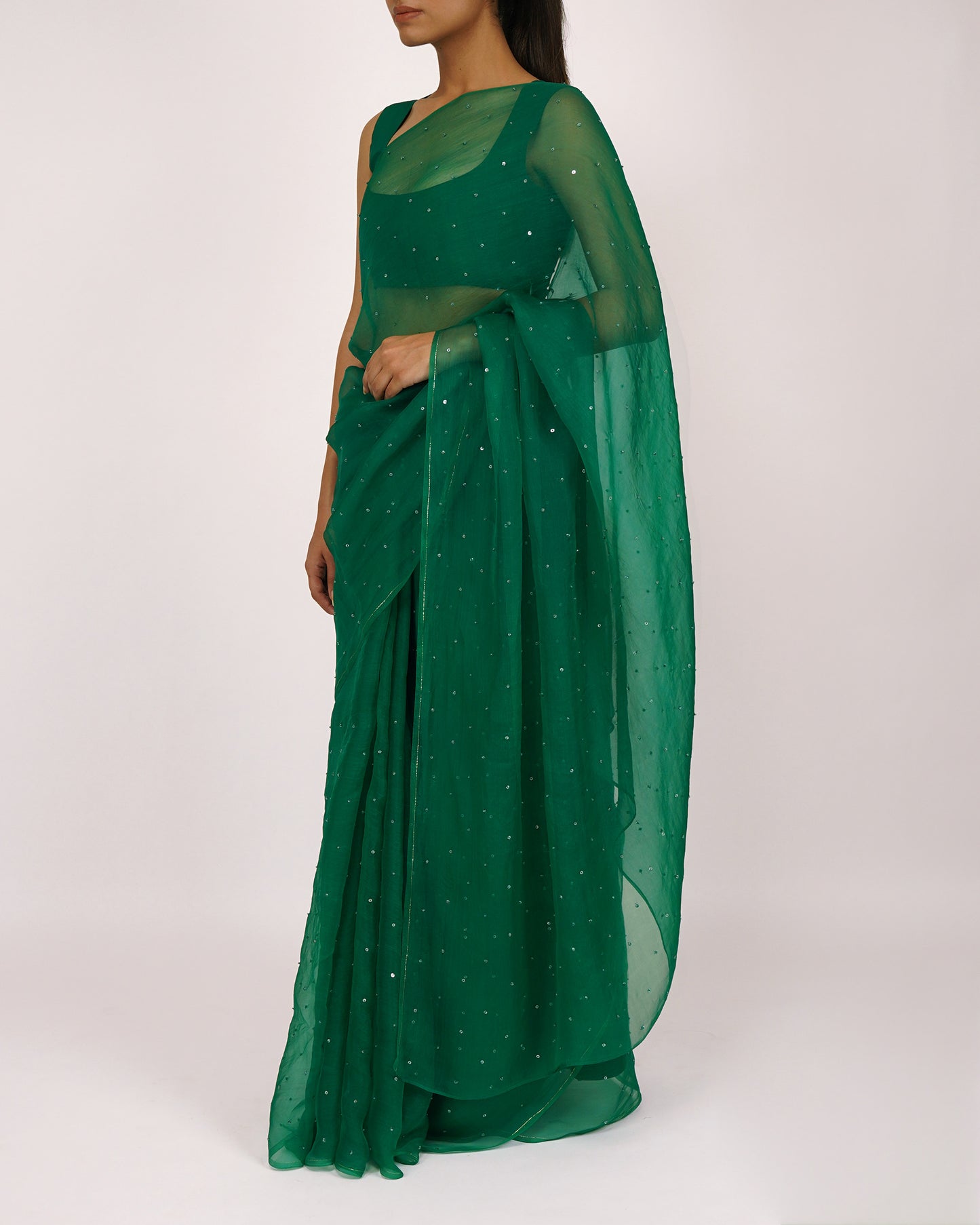 Sequins Bead Organza Saree (Green)