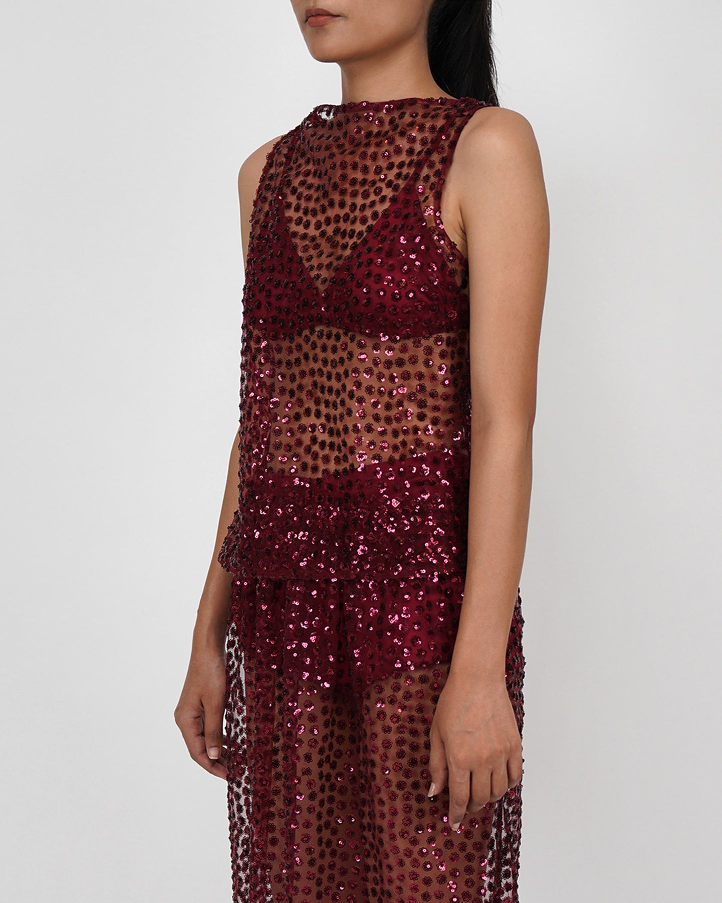Star Sequins Top & Bralette (Maroon)