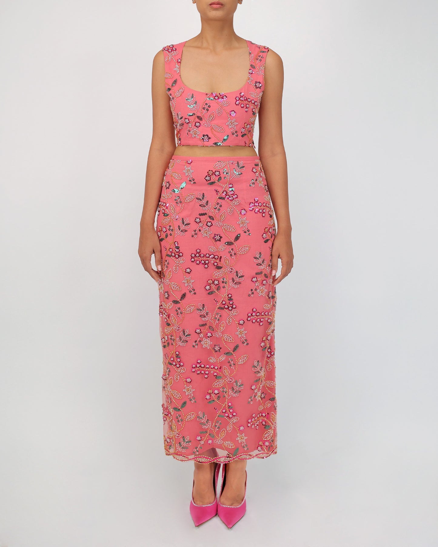Embellished Skirt & Top Set (Peach)
