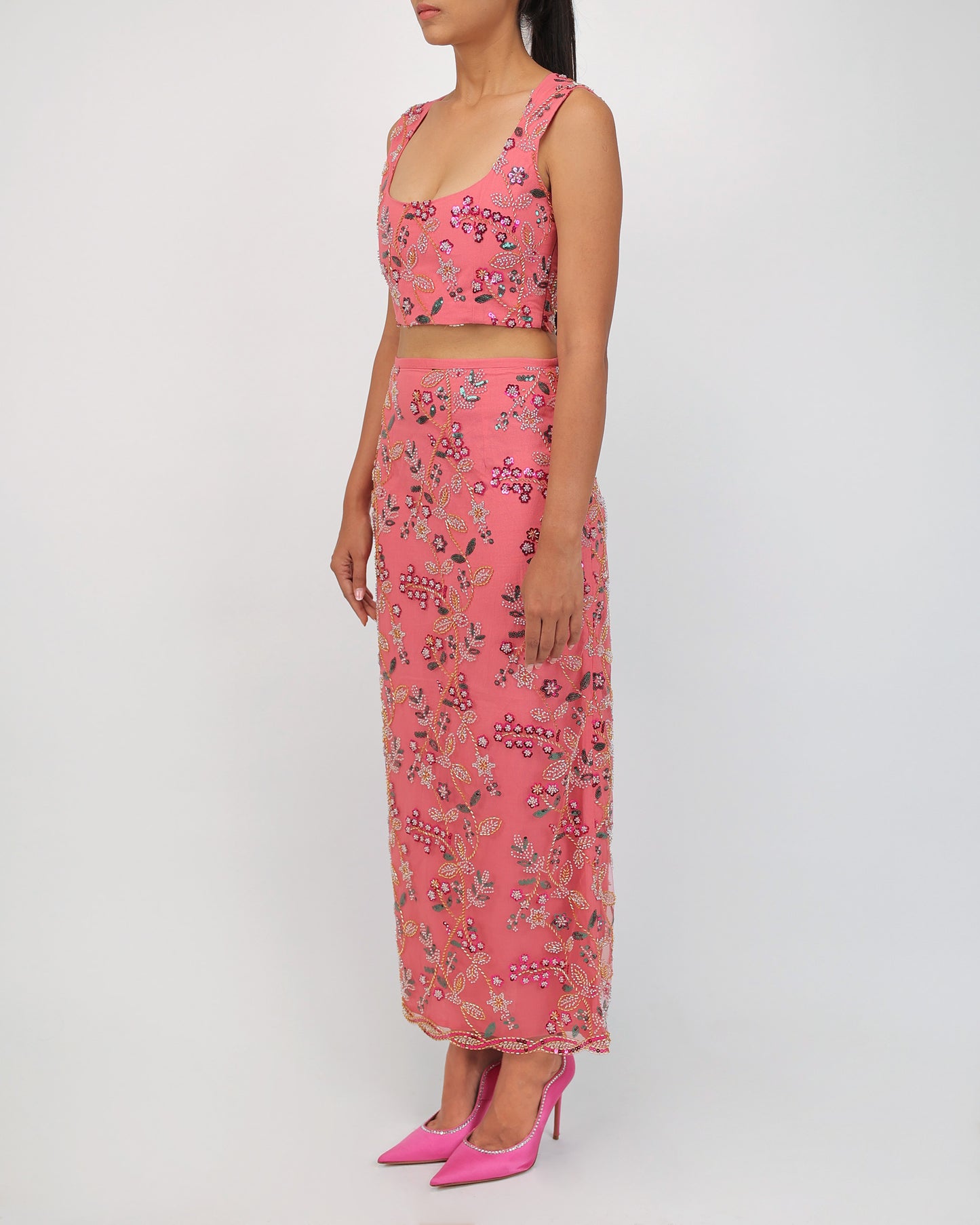 Embellished Skirt & Top Set (Peach)
