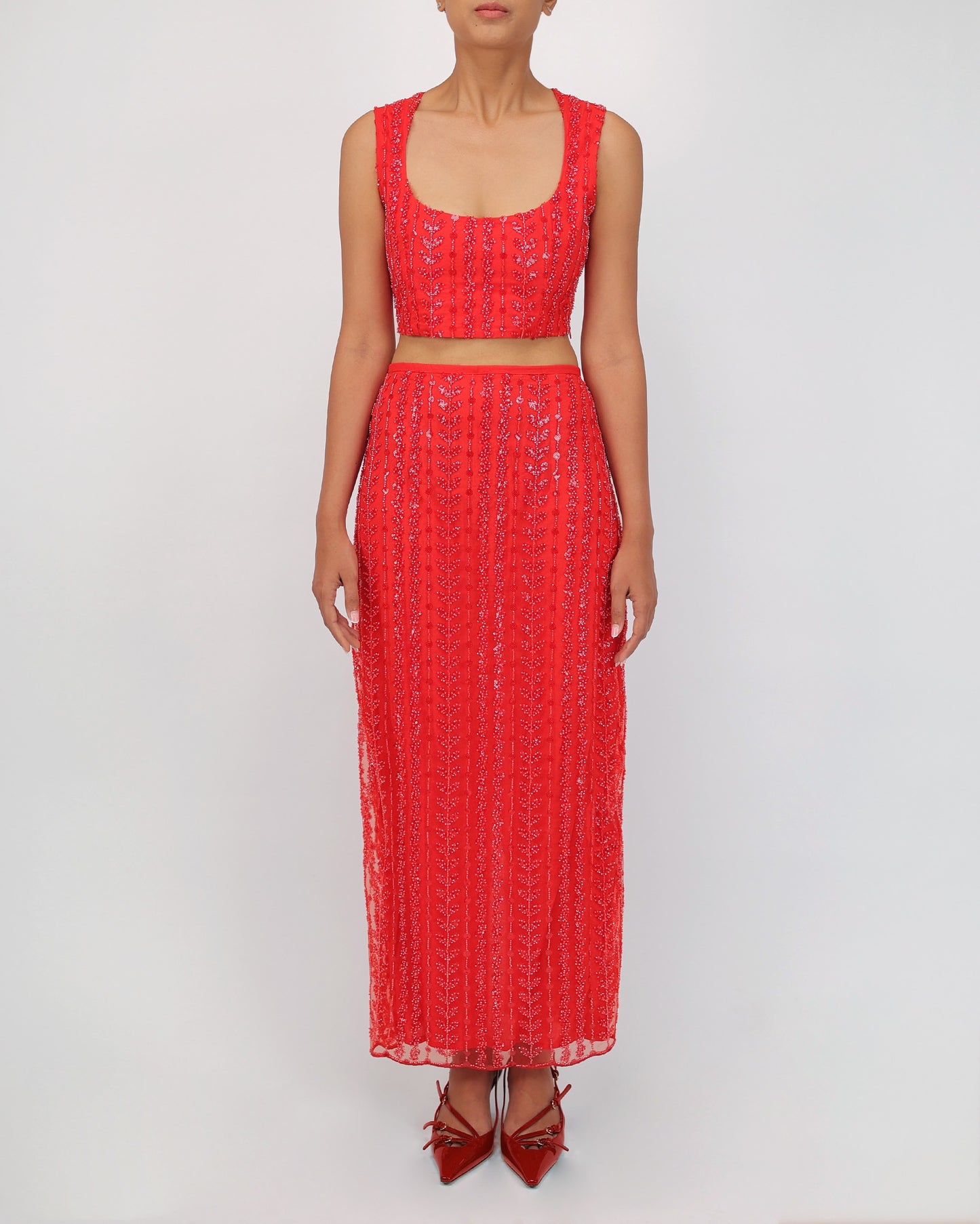 Embellished Skirt & Top Set (Red)