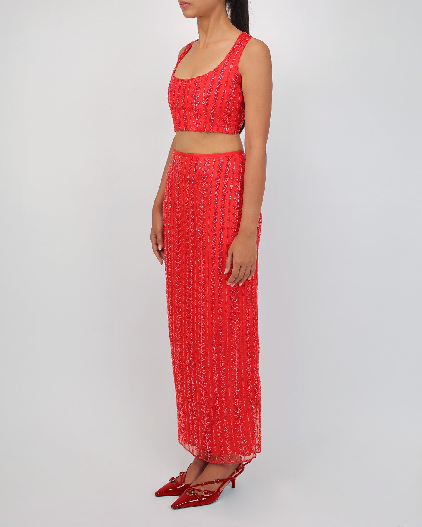 Embellished Skirt & Top Set (Red)