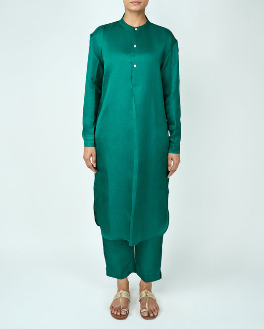 Satin Linen Kurta Set (Green)