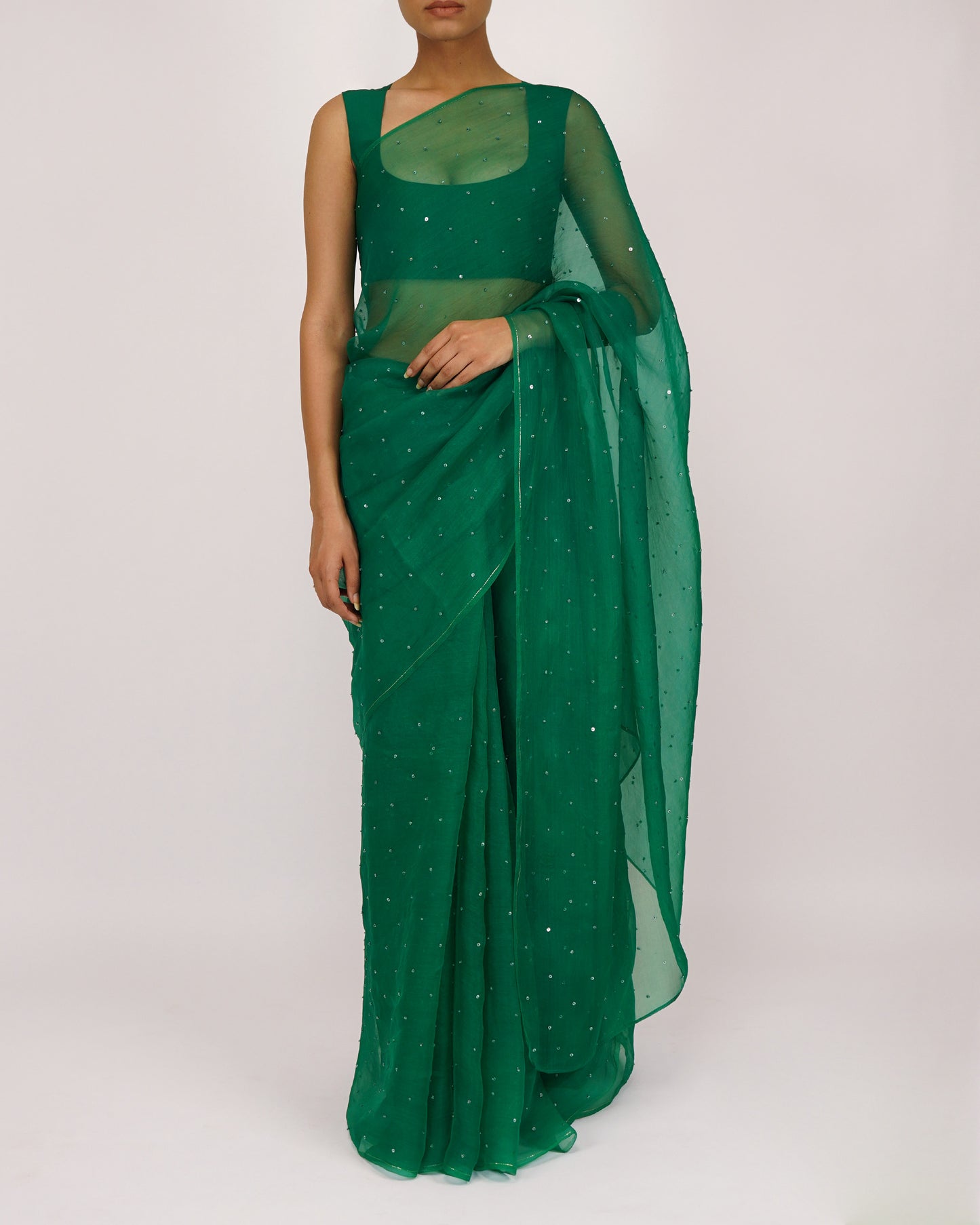 Sequins Bead Organza Saree (Green)