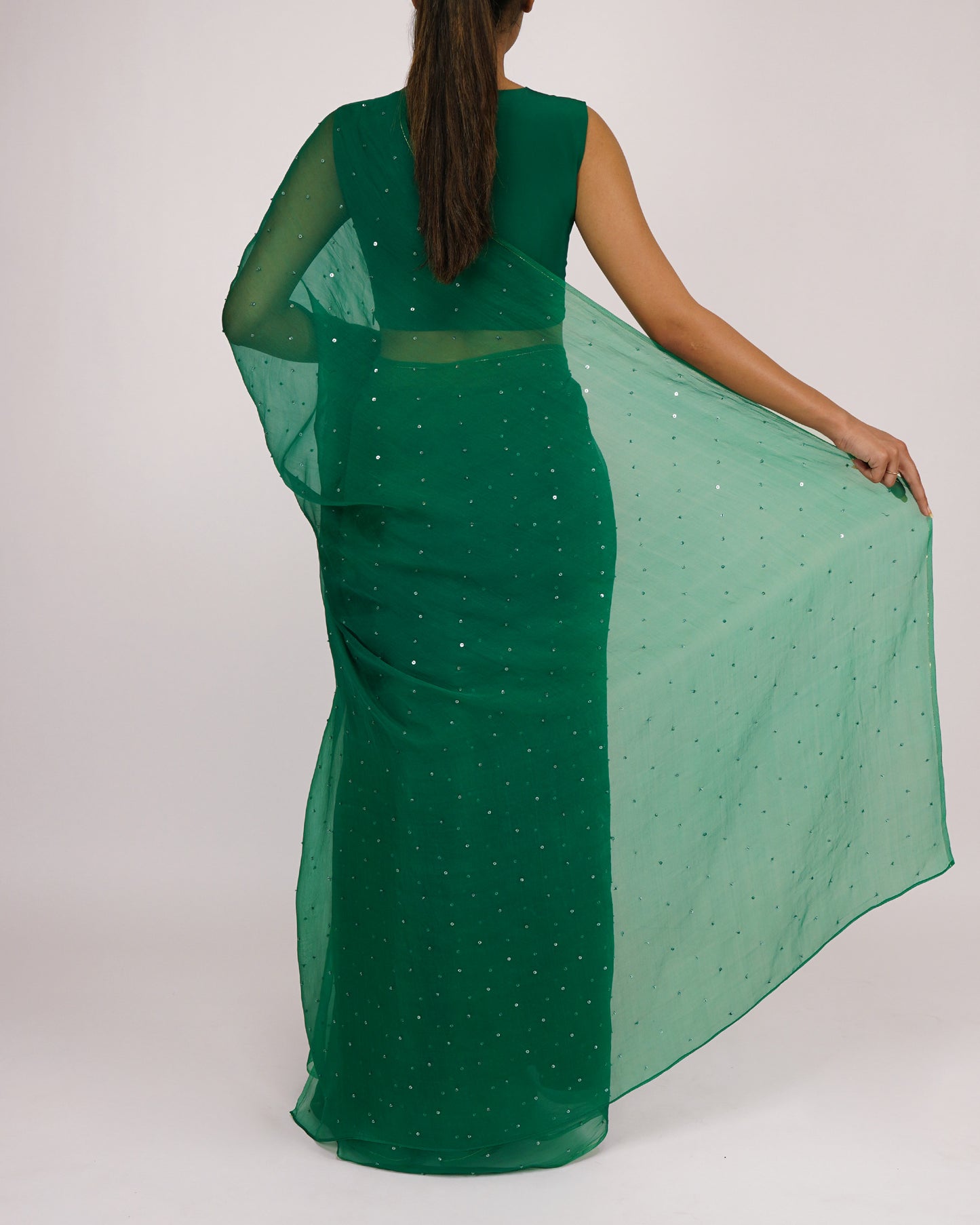 Sequins Bead Organza Saree (Green)