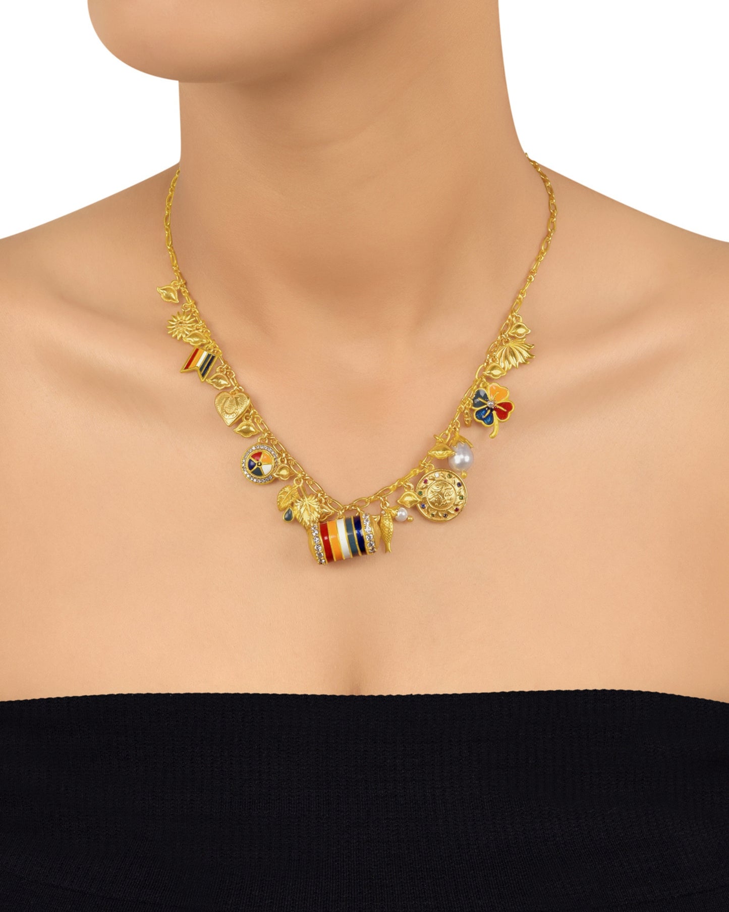 Gold Plated Pachranga Multi charm necklace