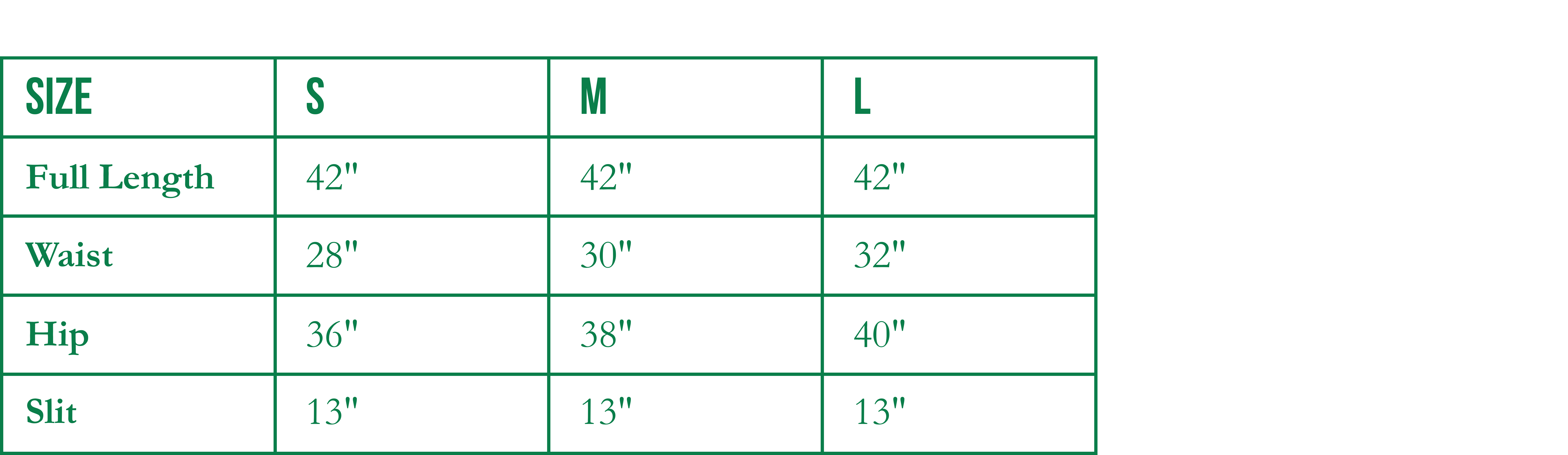 Size Chart for Embellished Skirt (Black)