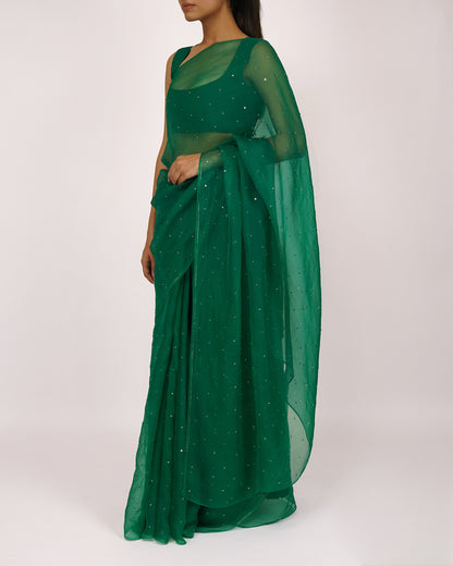 Sequins Bead Organza Saree (Green)