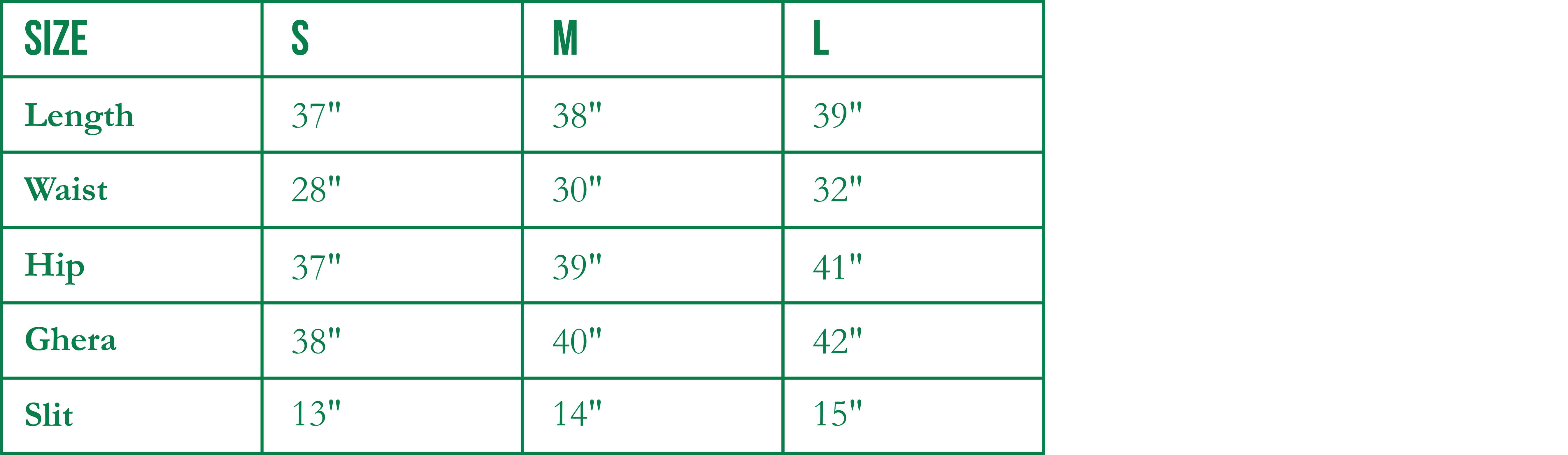 Size Chart for Organza Skirt (Orange)