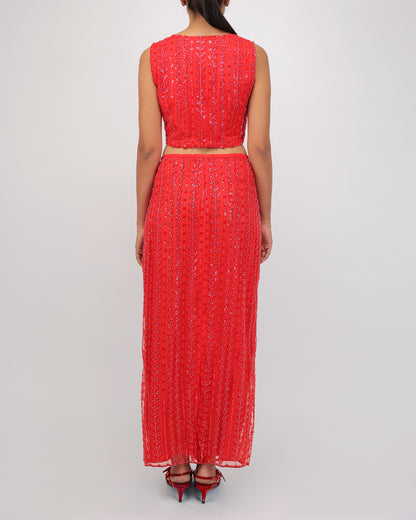 Embellished Skirt & Top Set (Red)