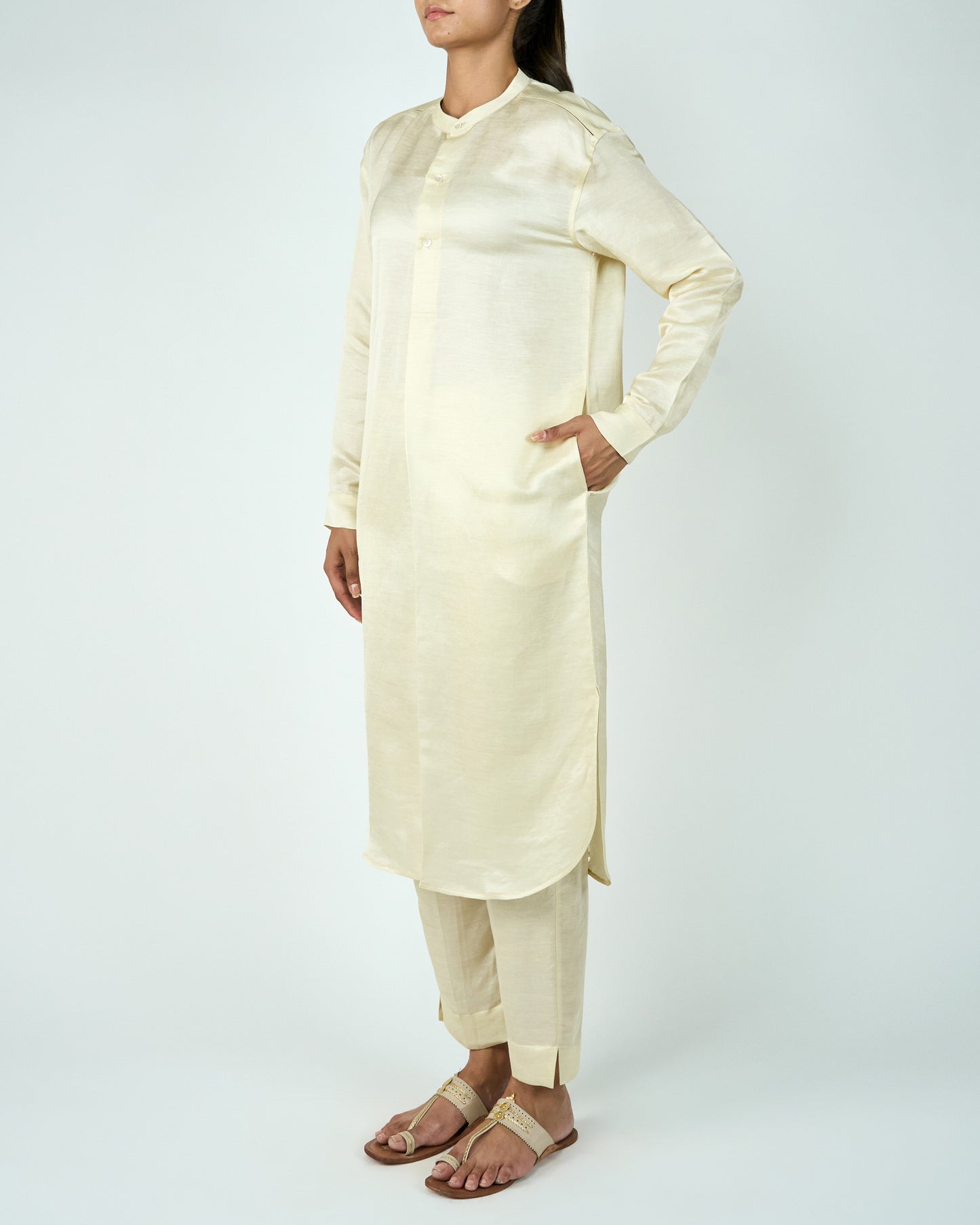 Satin Linen Kurta Set (Beige)