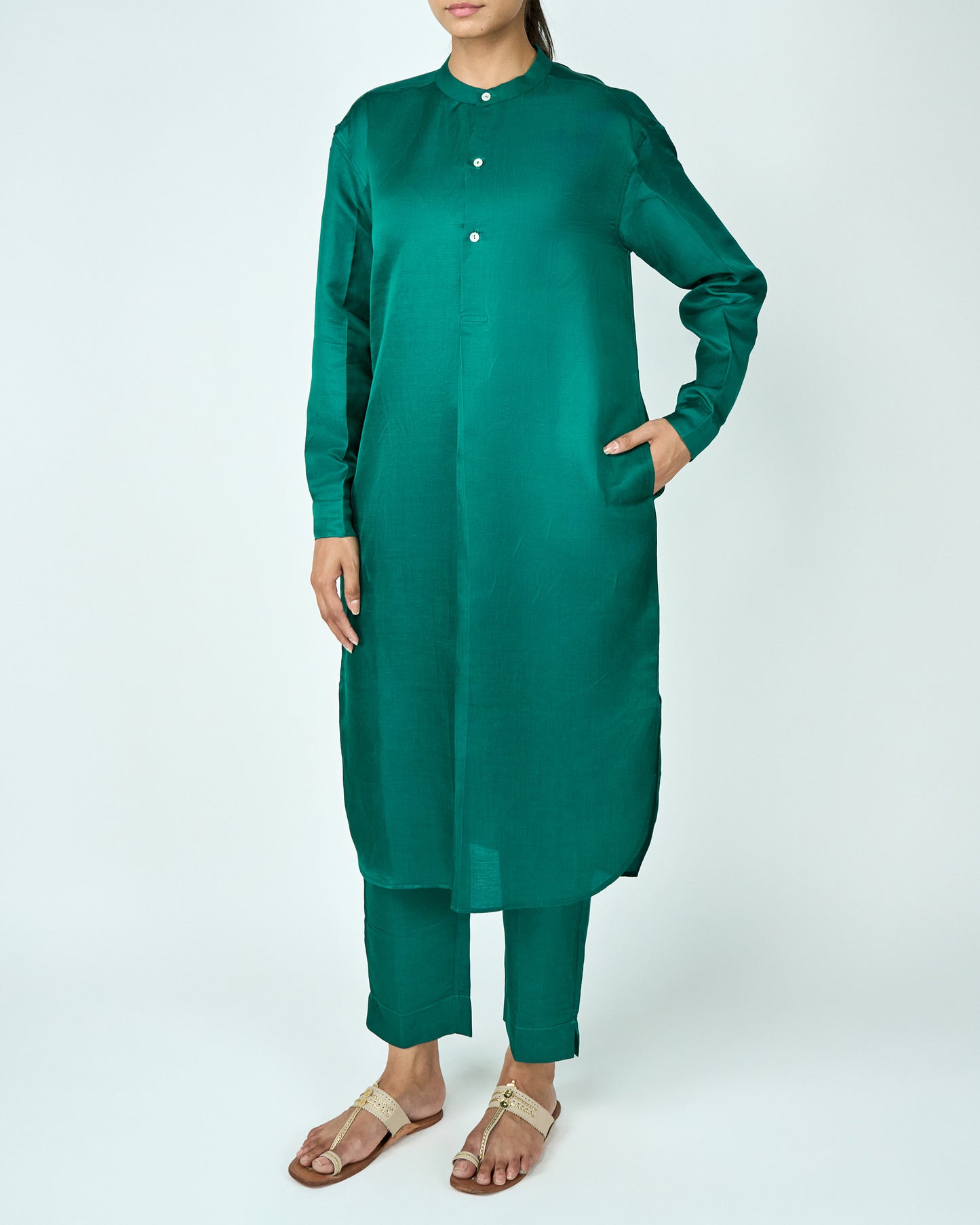 Satin Linen Kurta Set (Green)