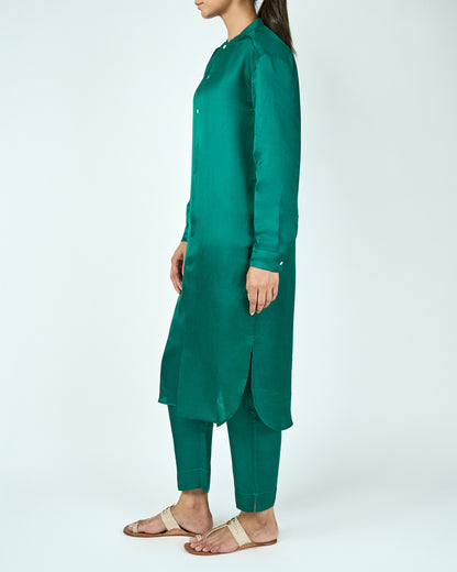 Satin Linen Kurta Set (Green)