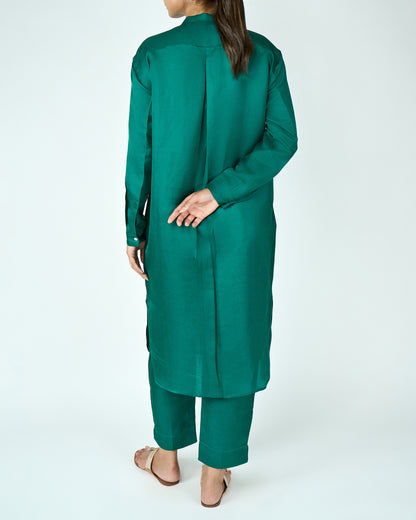 Satin Linen Kurta Set (Green)