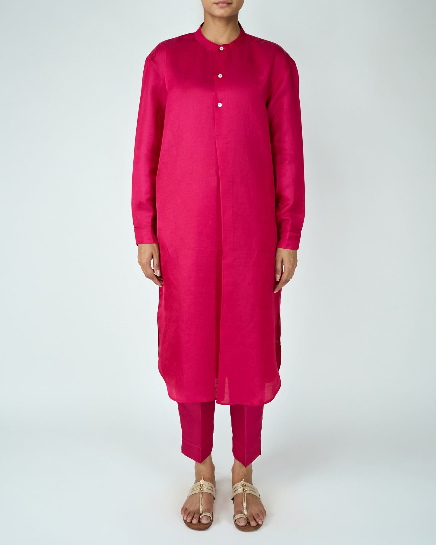 Satin Linen Kurta Set (Hot Pink)