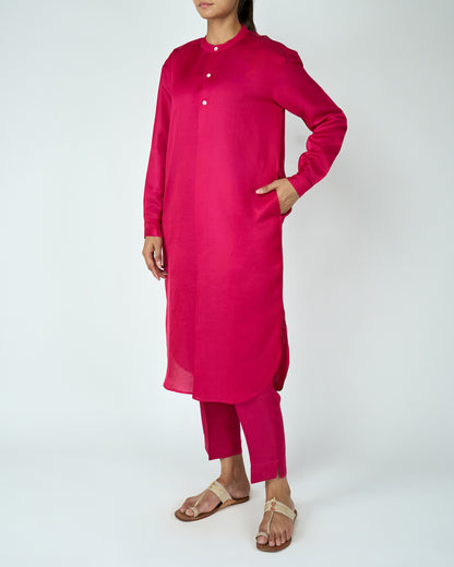 Satin Linen Kurta Set (Hot Pink)