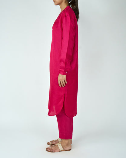 Satin Linen Kurta Set (Hot Pink)