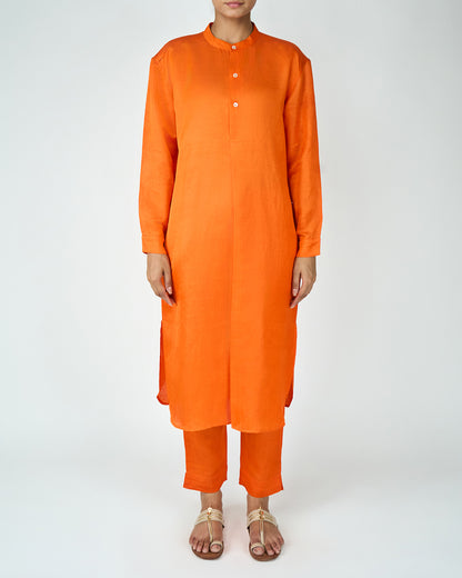 Satin Linen Kurta Set (Orange)