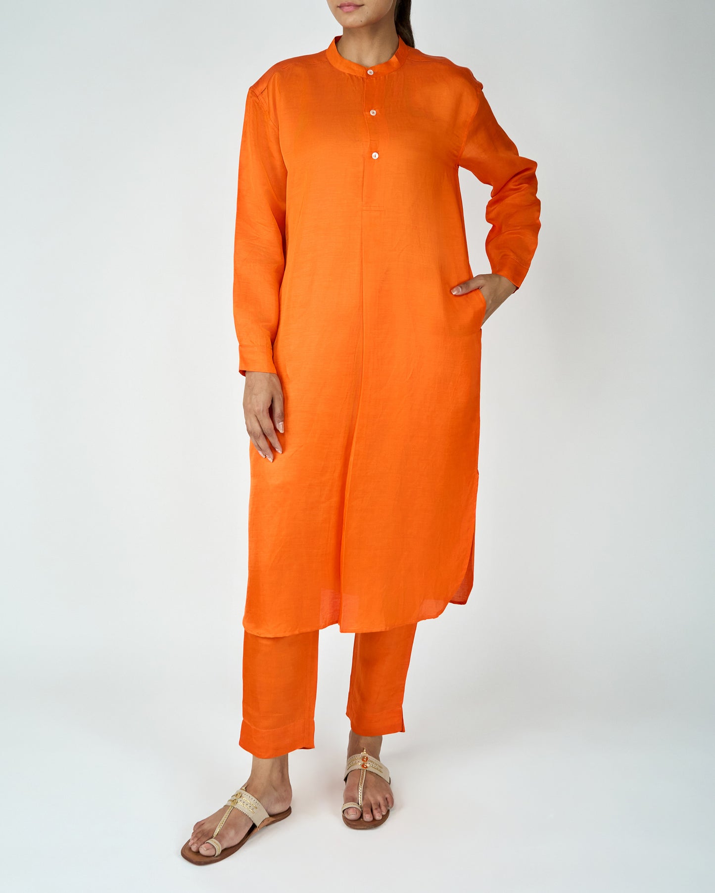 Satin Linen Kurta Set (Orange)