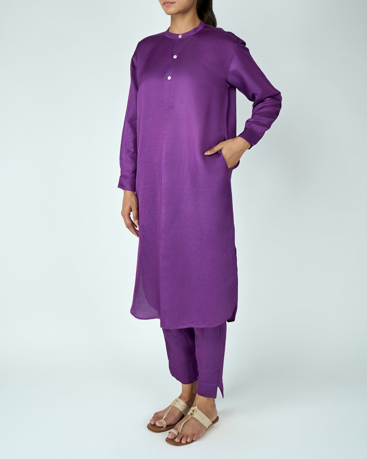 Satin Linen Kurta Set (Purple)