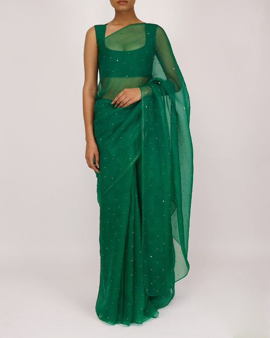 Sequins Bead Organza Saree (Green)